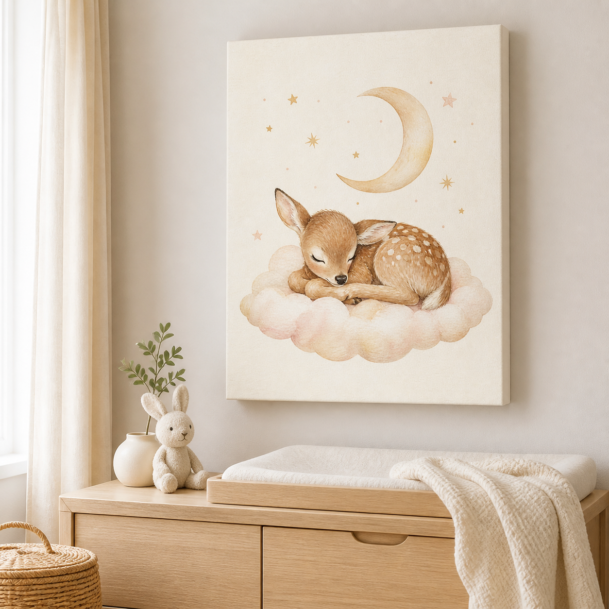Sweet Dreams Nursery Stretched Canvas Wall Art styled in a neutral Australian baby nursery