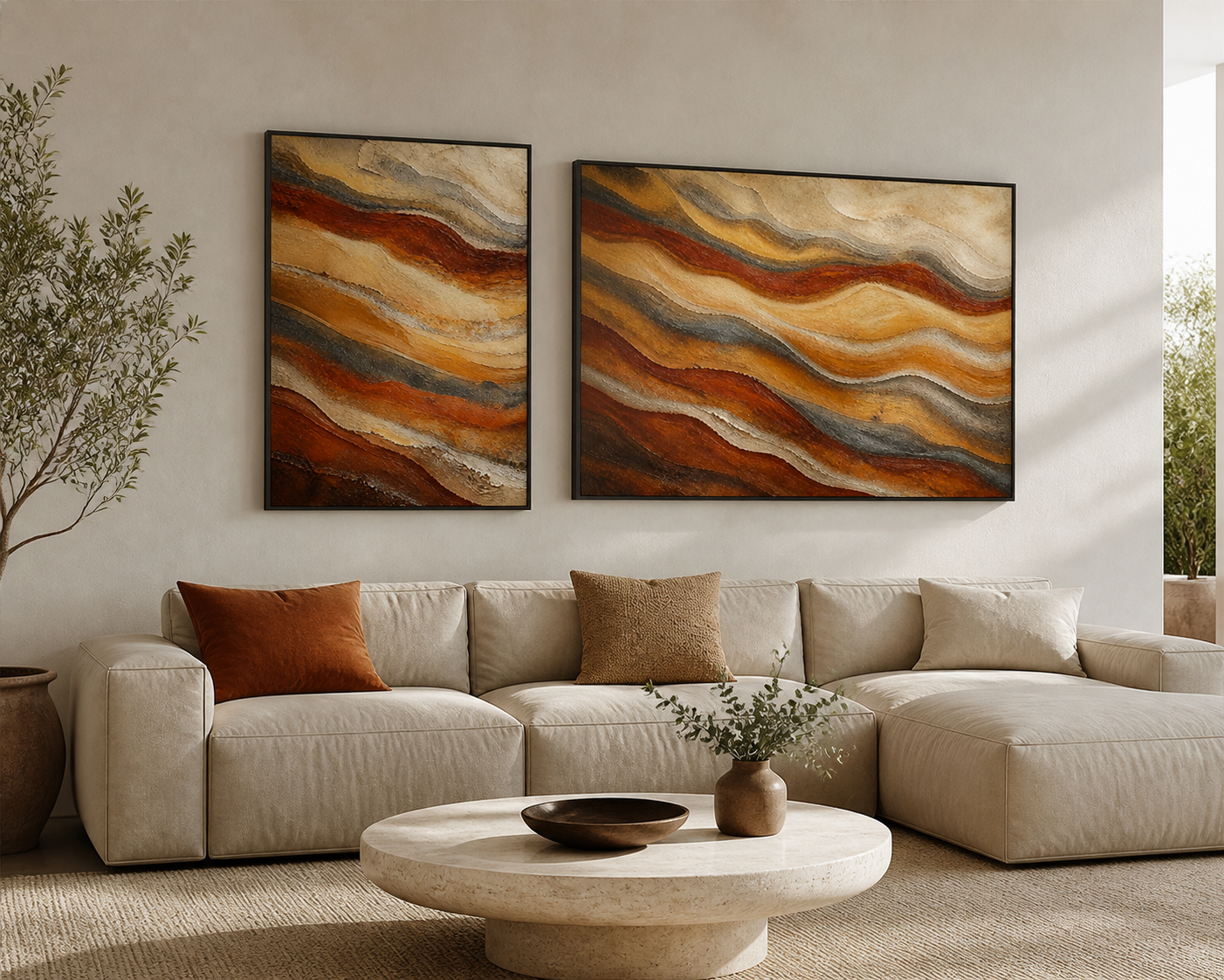 Terra Strata black floating frame canvas in a contemporary living room
