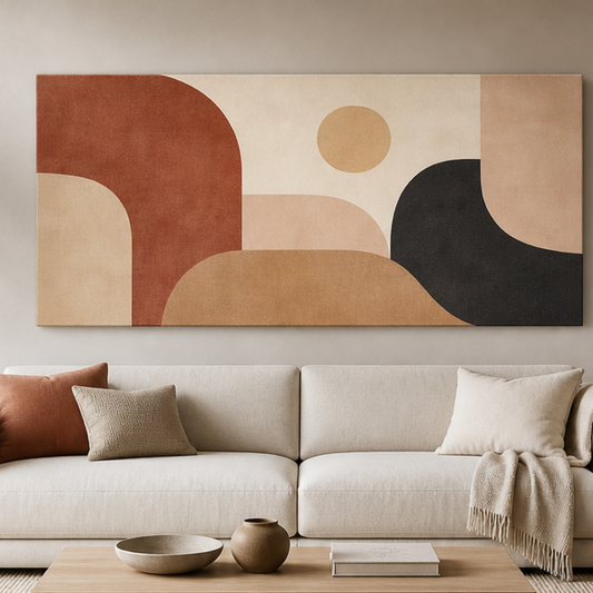 Terracotta Rhythm Abstract Stretched Canvas displayed above a neutral sofa – lifestyle thumbnail