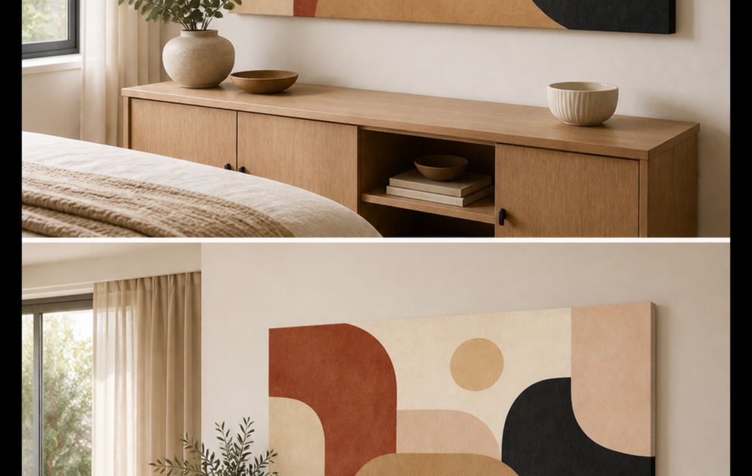 Terracotta Rhythm stretched canvas wall art in bedroom, left angle