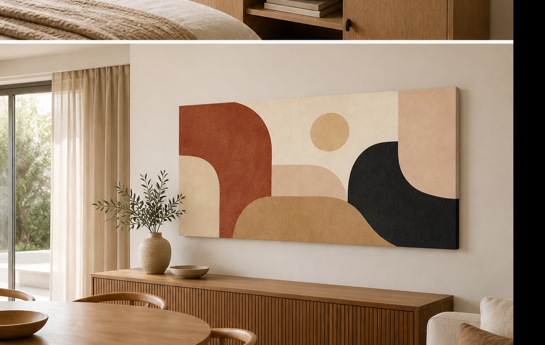 Terracotta Rhythm stretched canvas wall art in dining room, right angle