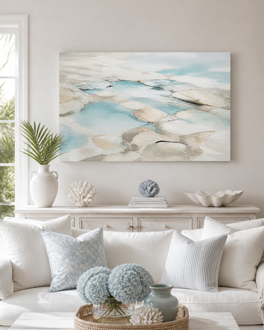 Tidal Stone Hamptons coastal stretched canvas wall art in a living room