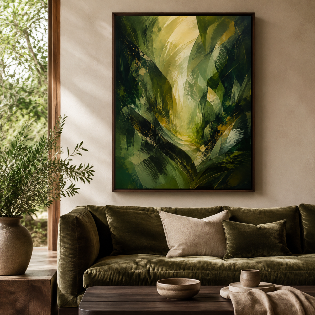 Verdant Passage green abstract floating-framed canvas above an olive velvet sofa