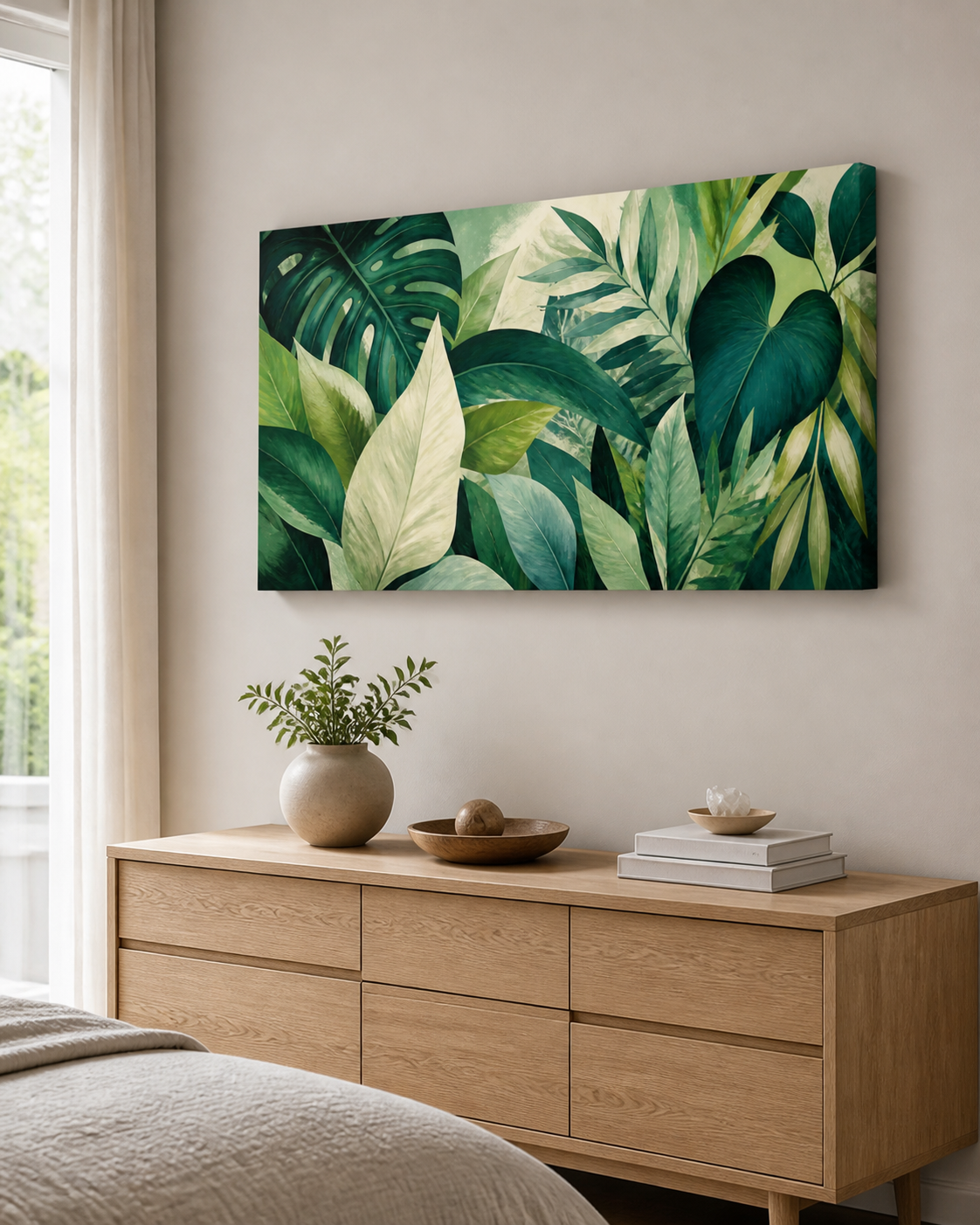 Verdant Rhythm stretched canvas wall art from a left interior angle