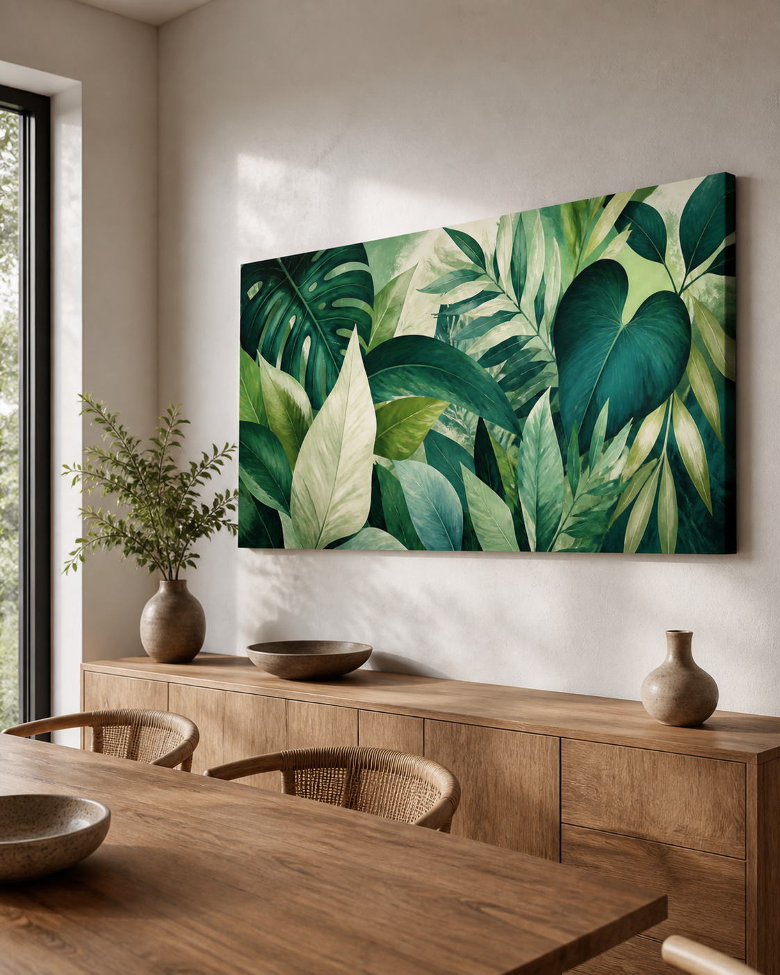 Verdant Rhythm stretched canvas wall art from a right interior angle