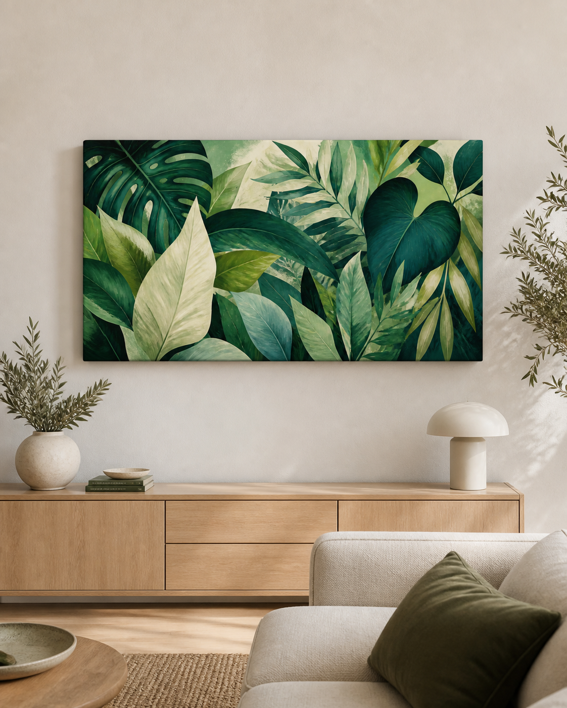 Verdant Rhythm stretched canvas wall art displayed in a neutral living room