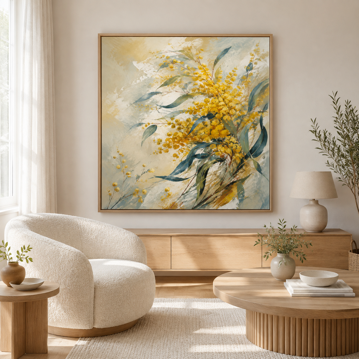 Wattle in the Wind Australian Botanical Framed Canvas Wall Art
