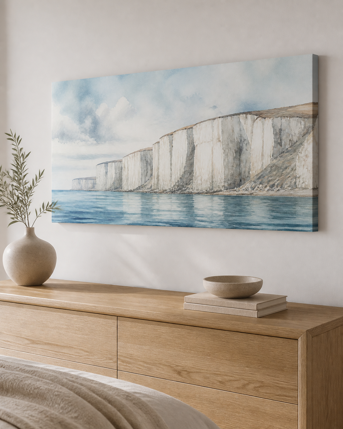 White Cliffs stretched canvas wall art from a left interior angle