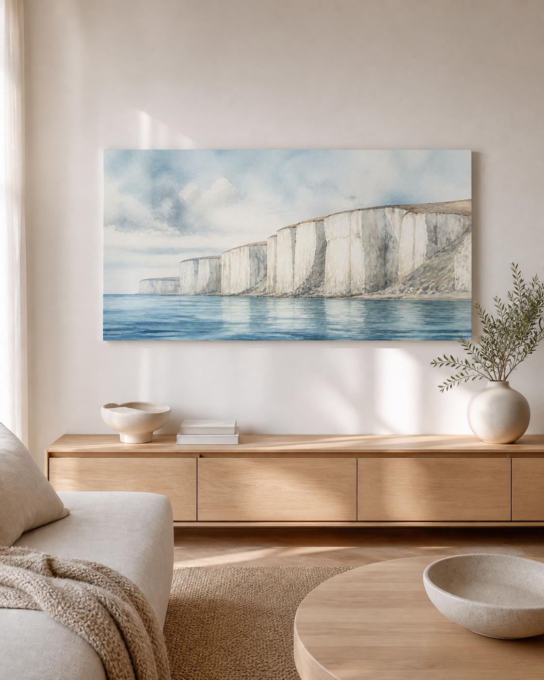 White Cliffs stretched canvas wall art in a neutral living room, thumbnail view