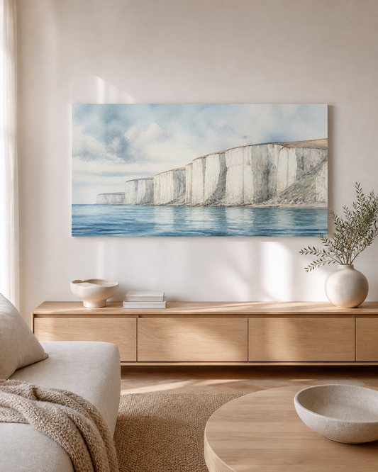 White Cliffs stretched canvas wall art in a neutral living room, thumbnail view
