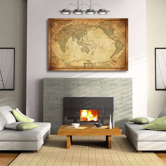 Vintage World Map Stretched Canvas – Australia Centred