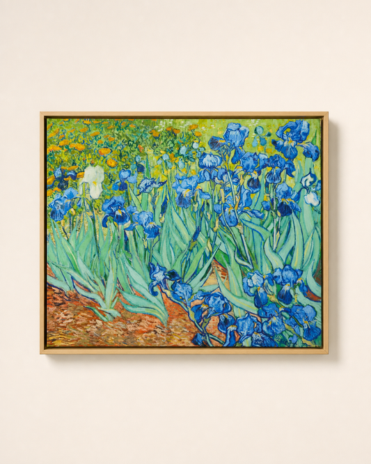 Van Gogh irises canvas wall art in a pale frame