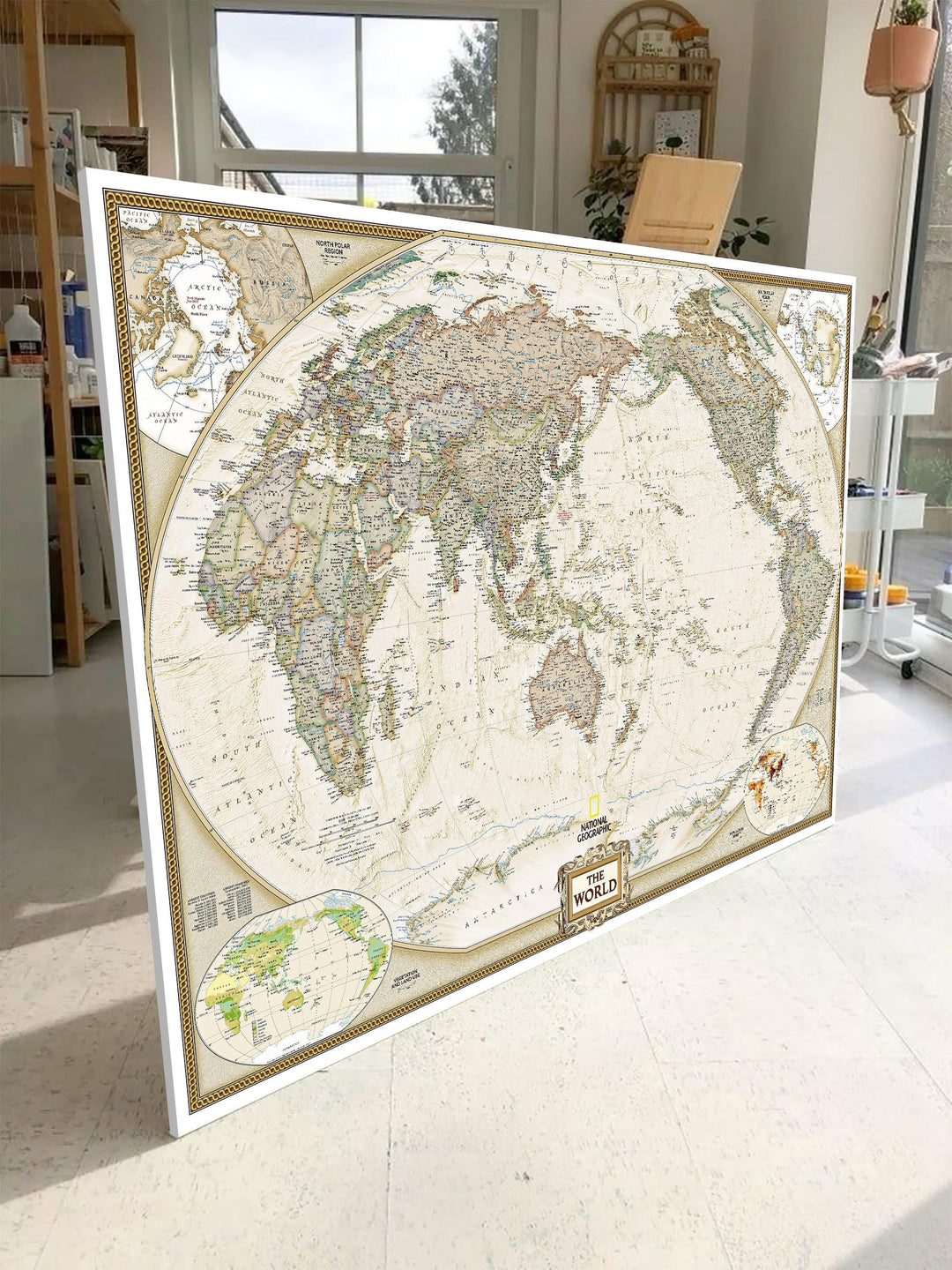 Antique World Map Canvas Wall Art – Australia Centred – product view 5
