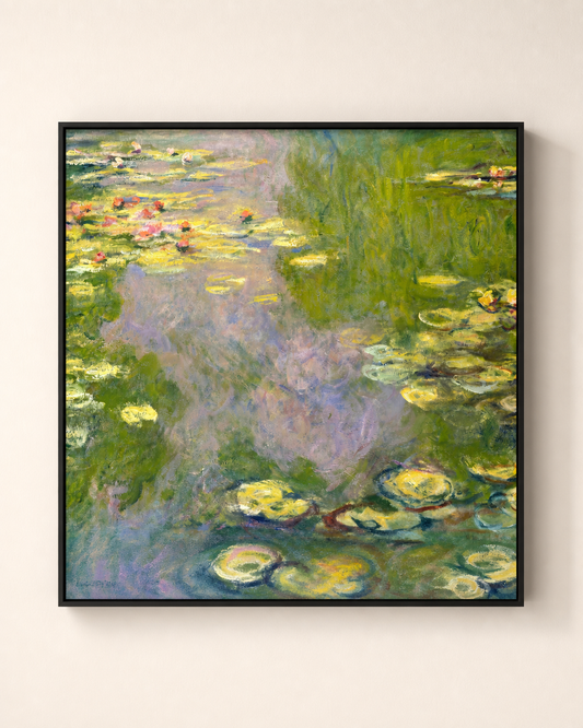 Monet water lilies canvas wall art in a black frame