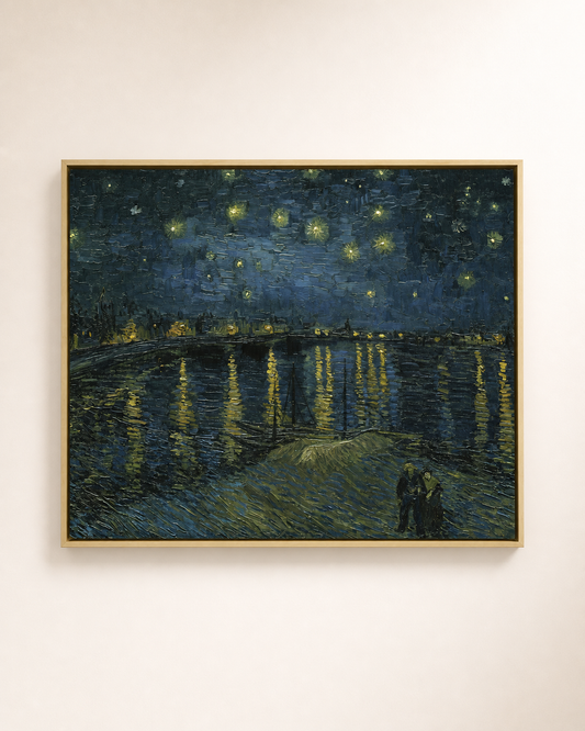 Night harbour canvas wall art in a pale floating frame