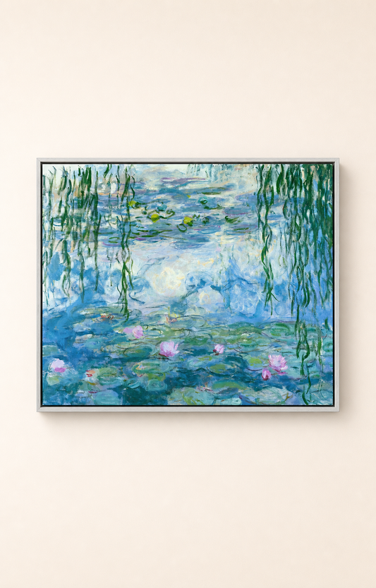 Water lilies canvas wall art in a pale floating frame
