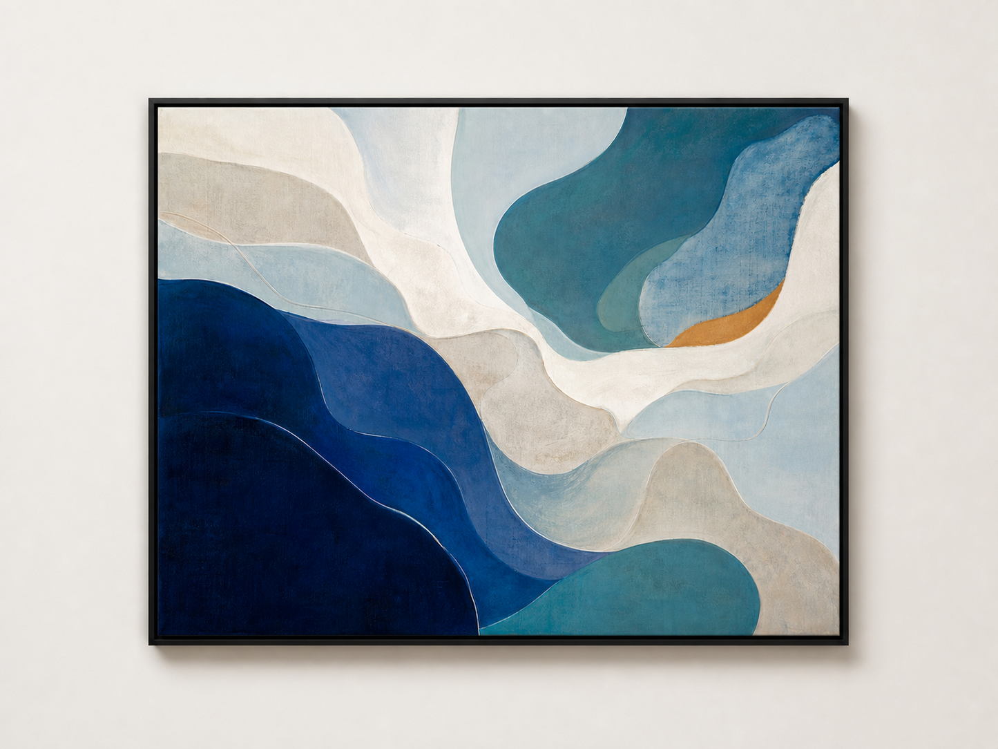 Coastal Blue Fluid Forms Abstract Canvas Wall Art – black floating frame