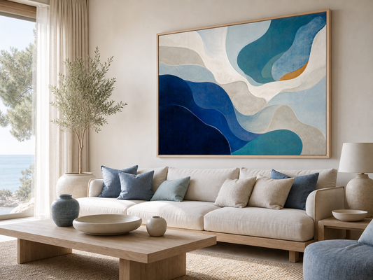 Coastal Blue Fluid Forms Abstract Canvas Wall Art – lifestyle view