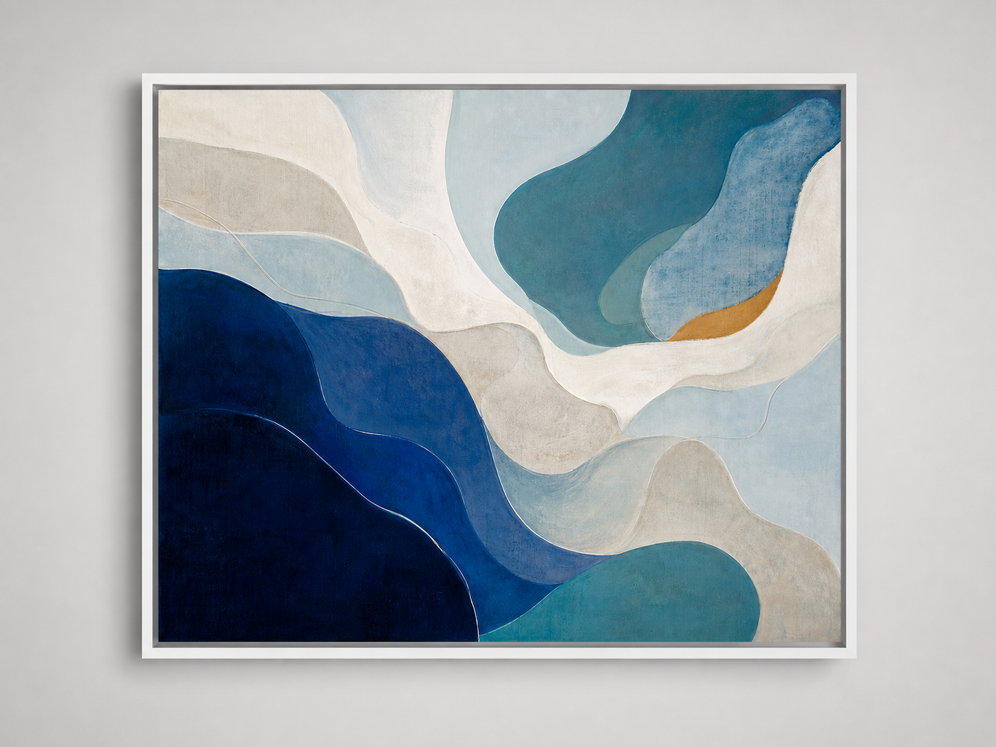 Coastal Blue Fluid Forms Abstract Canvas Wall Art – white floating frame