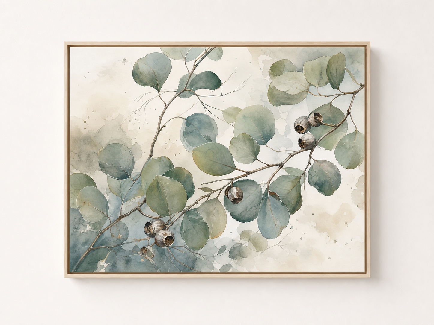 Eucalyptus Stillness Botanical Canvas Wall Art – birch floating frame