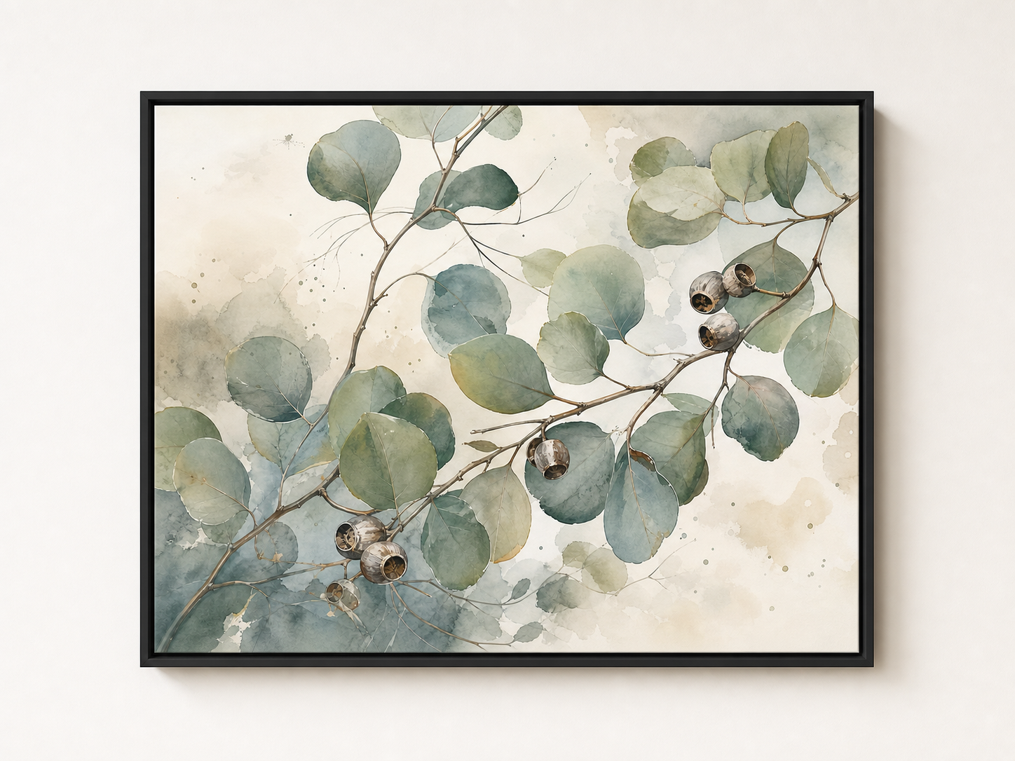 Eucalyptus Stillness Botanical Canvas Wall Art – black floating frame