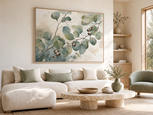 Eucalyptus Stillness Botanical Canvas Wall Art – lifestyle view