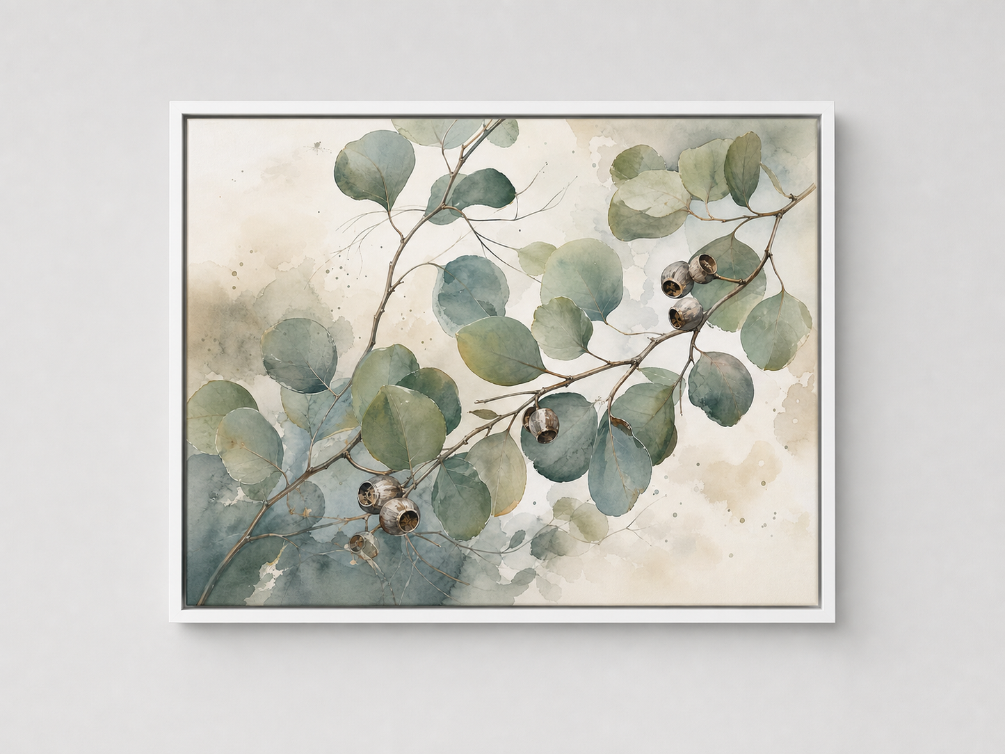 Eucalyptus Stillness Botanical Canvas Wall Art – white floating frame