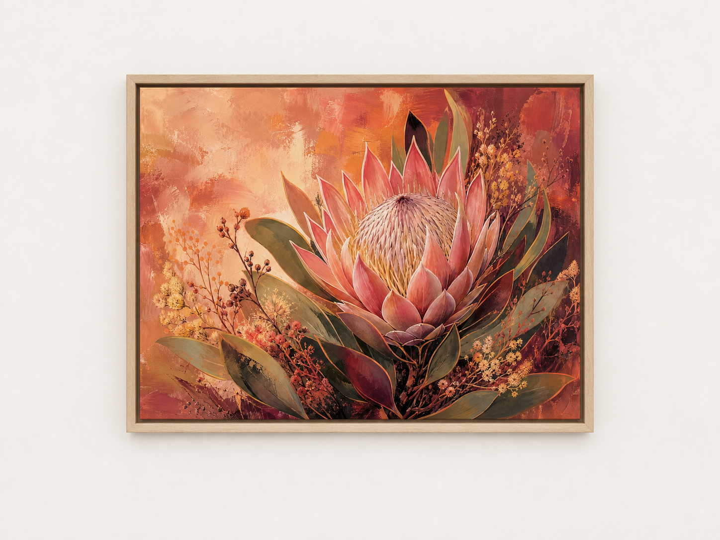 Protea Sunset Bloom Botanical Canvas Wall Art – birch floating frame