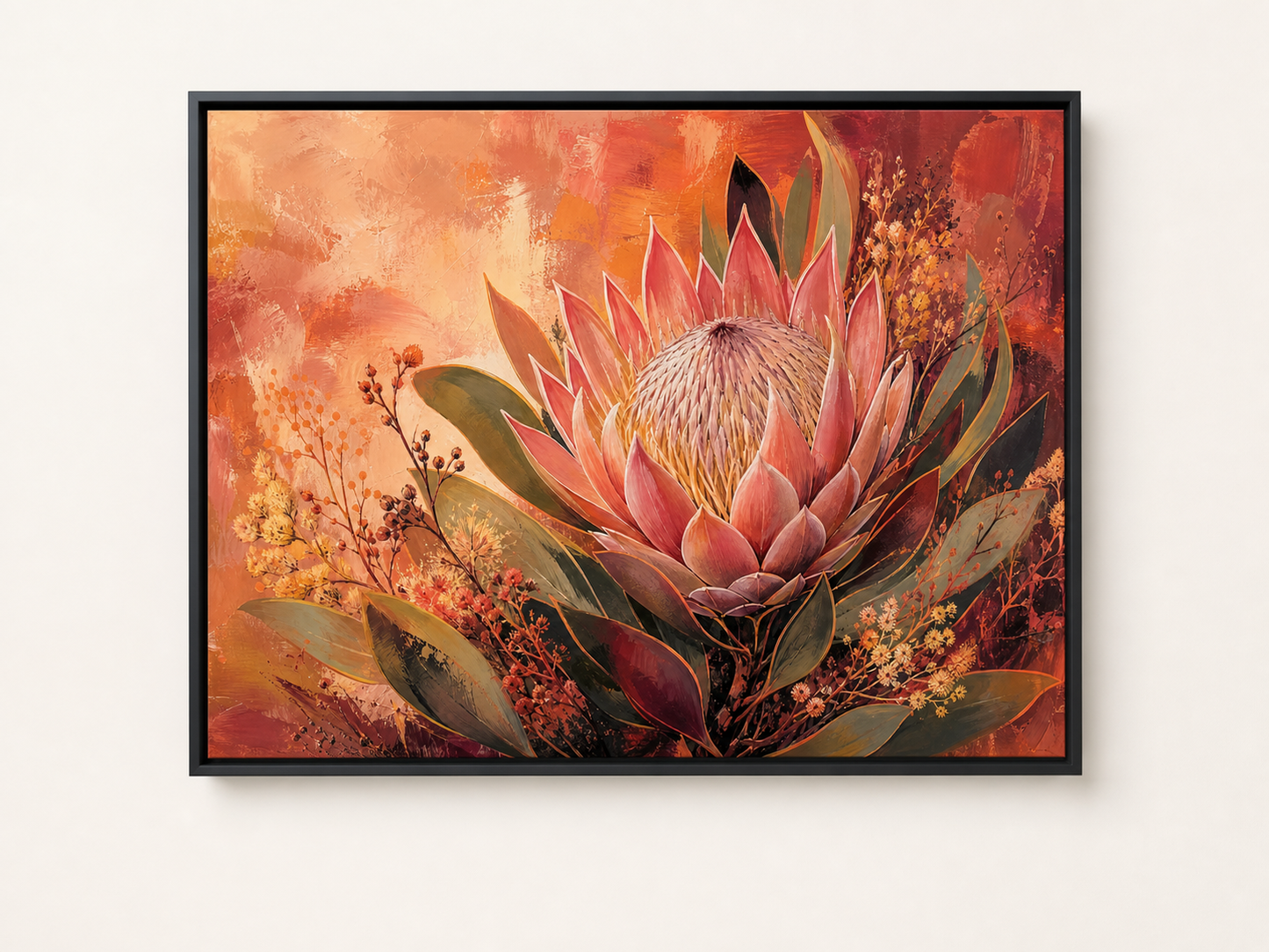 Protea Sunset Bloom Botanical Canvas Wall Art – black floating frame