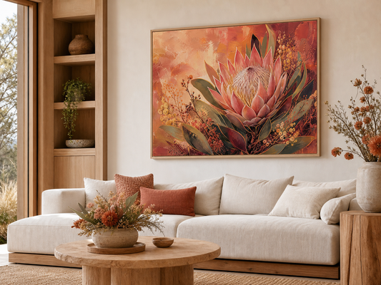 Protea Sunset Bloom Botanical Canvas Wall Art – lifestyle view