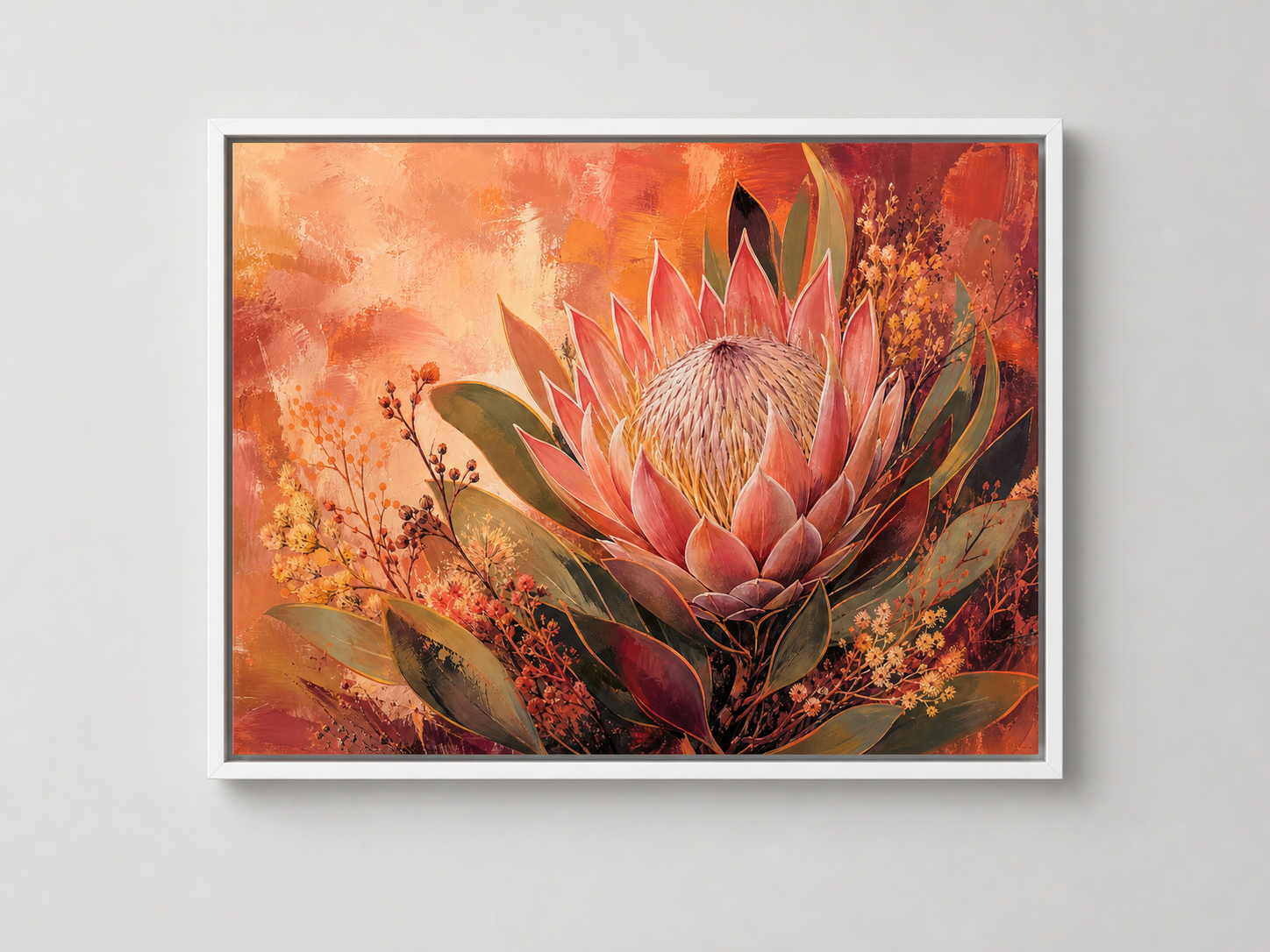 Protea Sunset Bloom Botanical Canvas Wall Art – white floating frame