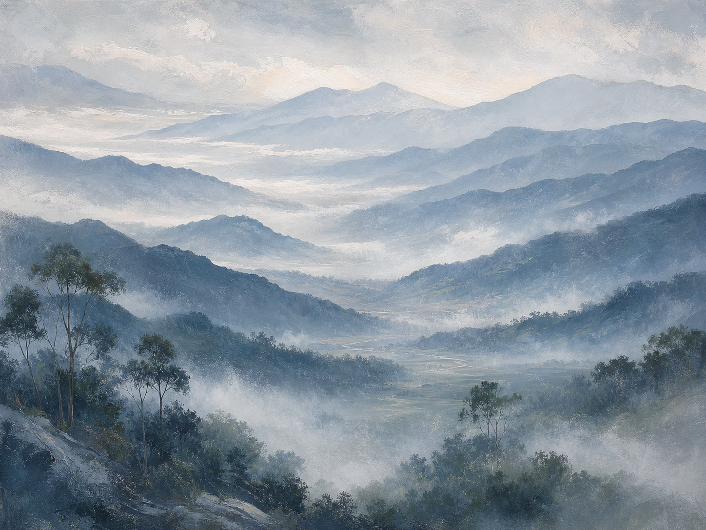 Misty Blue Mountain Valley Canvas Wall Art – artwork