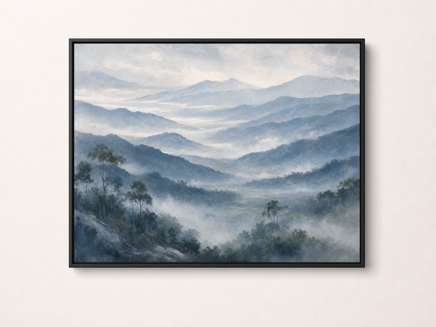 Misty Blue Mountain Valley Canvas Wall Art – black floating frame