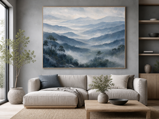Misty Blue Mountain Valley Canvas Wall Art – lifestyle view