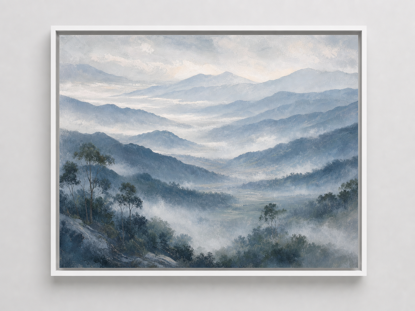Misty Blue Mountain Valley Canvas Wall Art – white floating frame