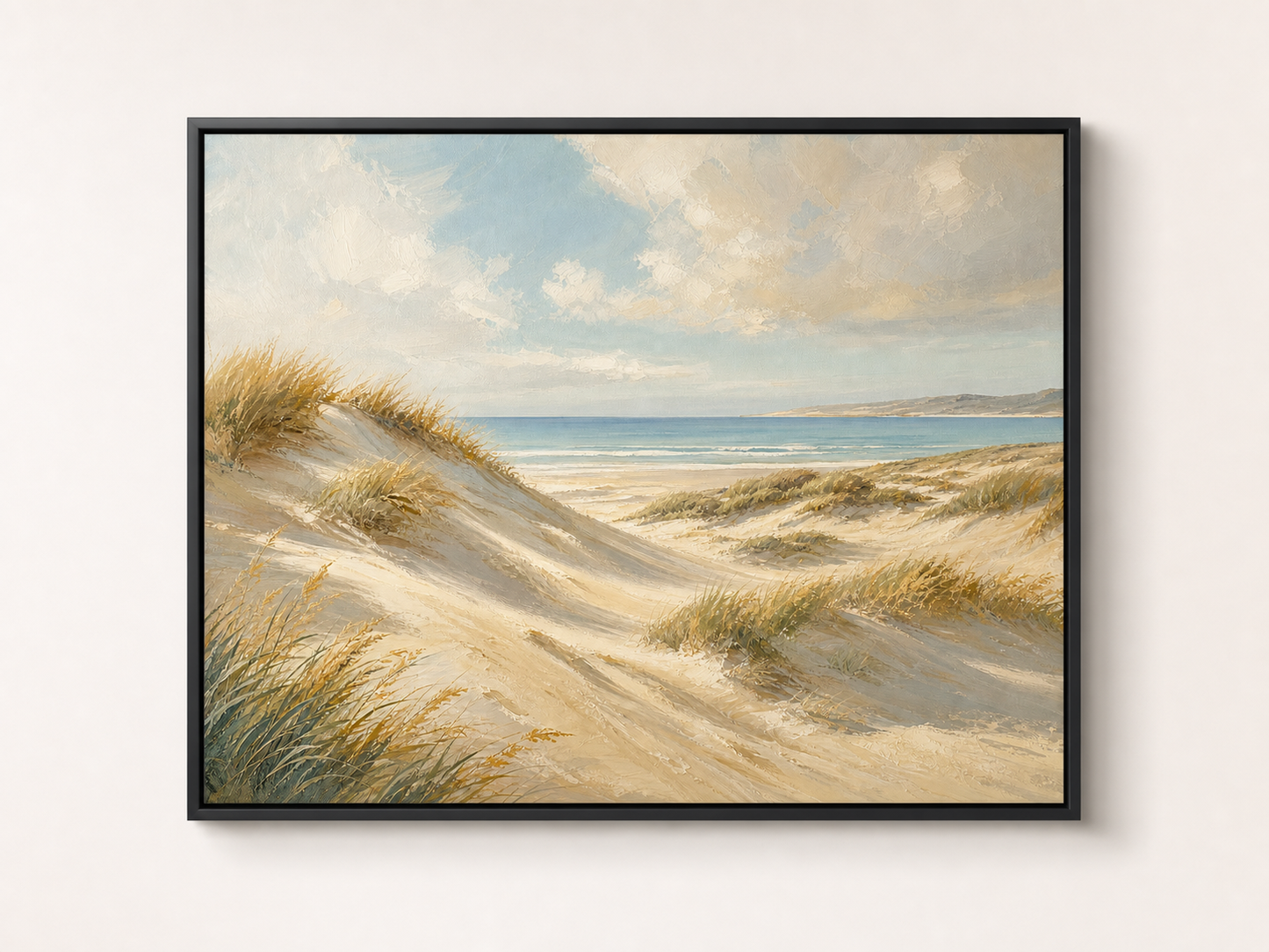 Golden Coastal Dunes Canvas Wall Art – black floating frame