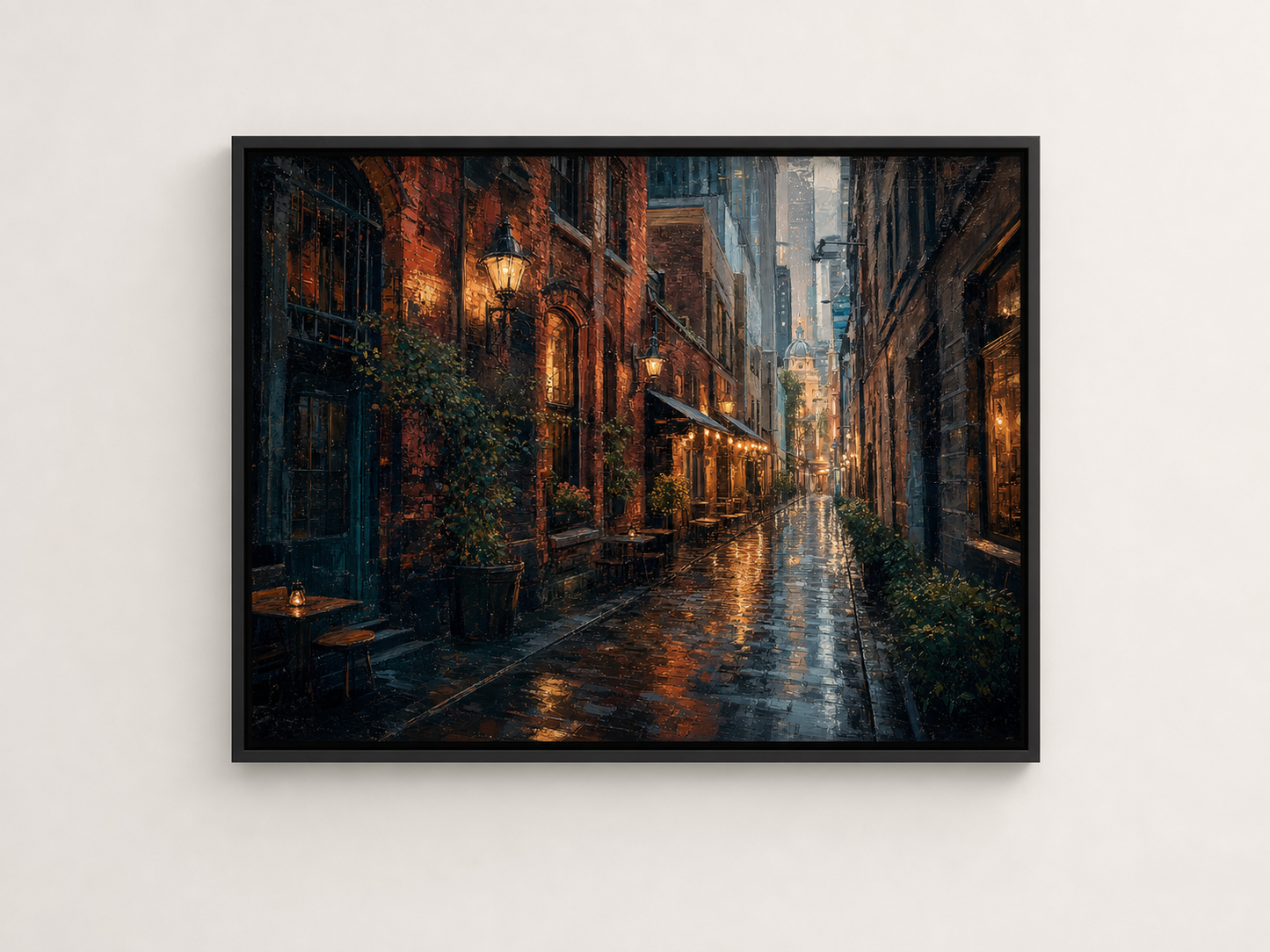 Melbourne Laneways After Rain Canvas Wall Art – black floating frame