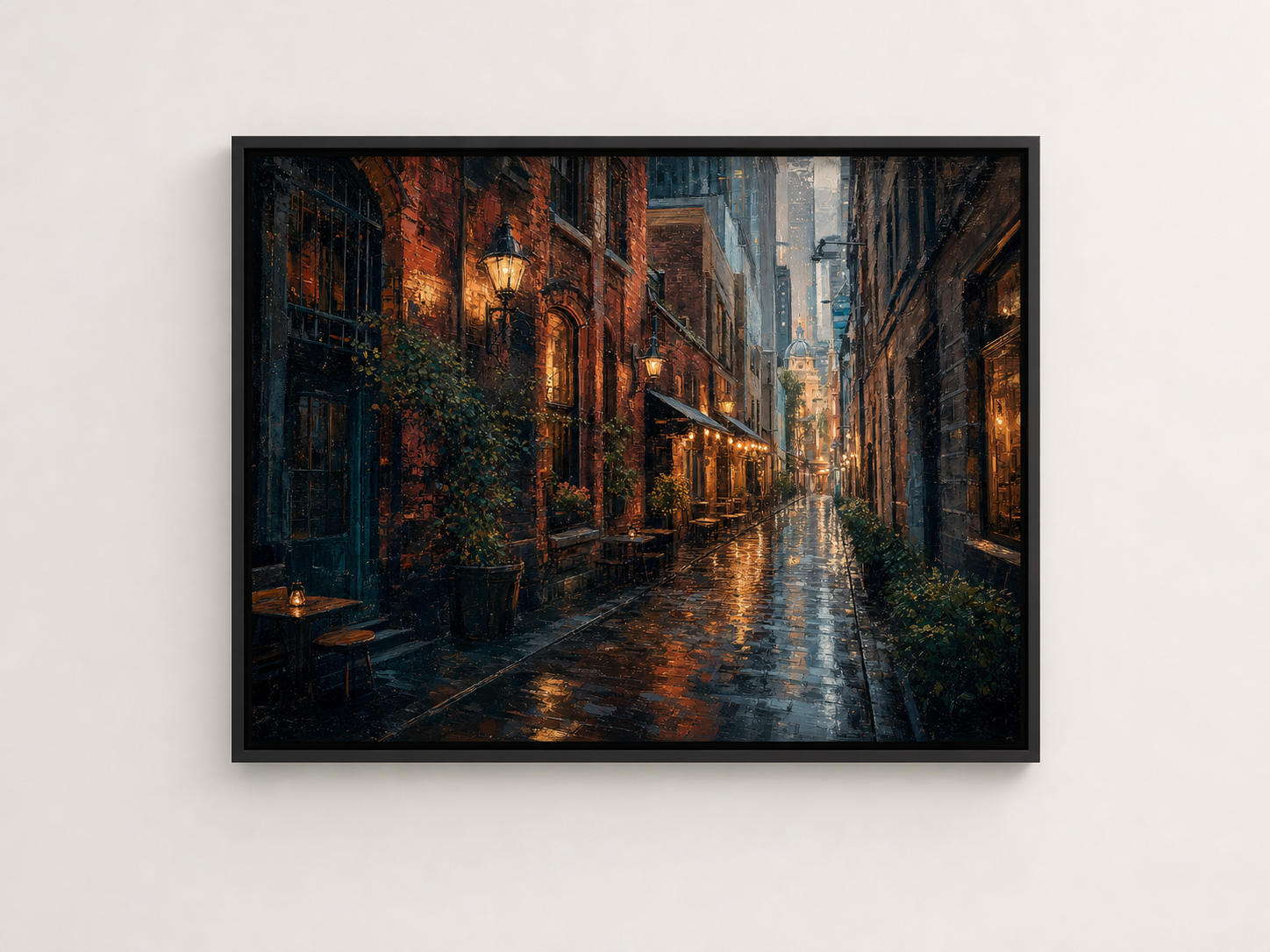 Melbourne Laneways After Rain Canvas Wall Art – black floating frame