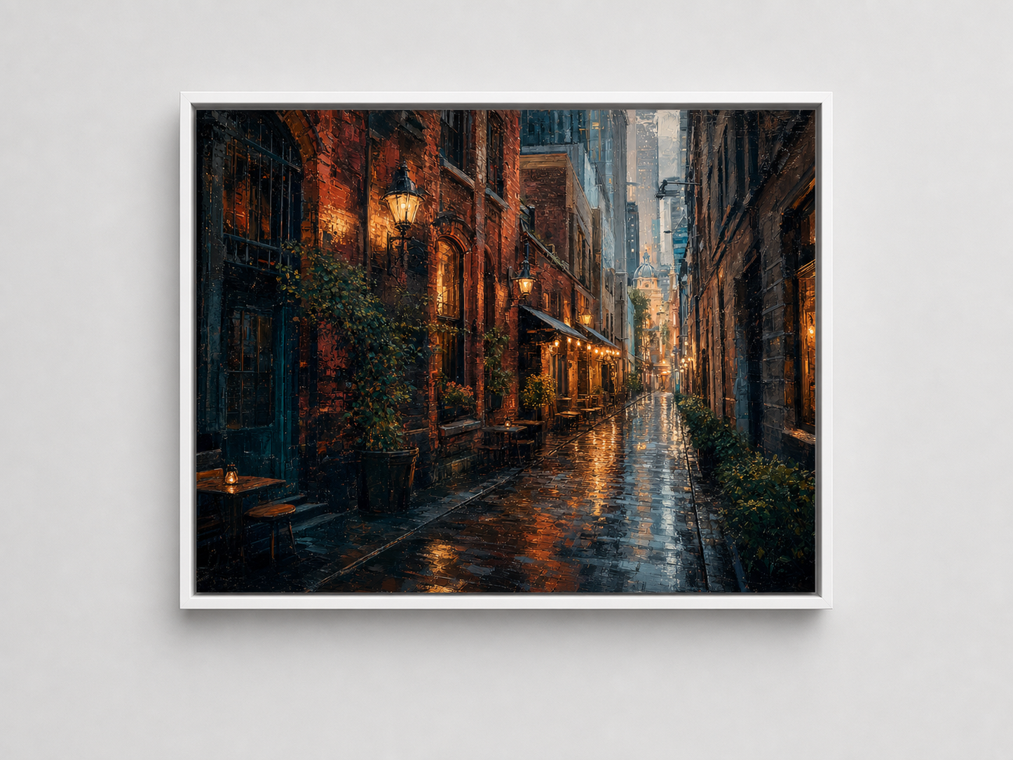 Melbourne Laneways After Rain Canvas Wall Art – white floating frame