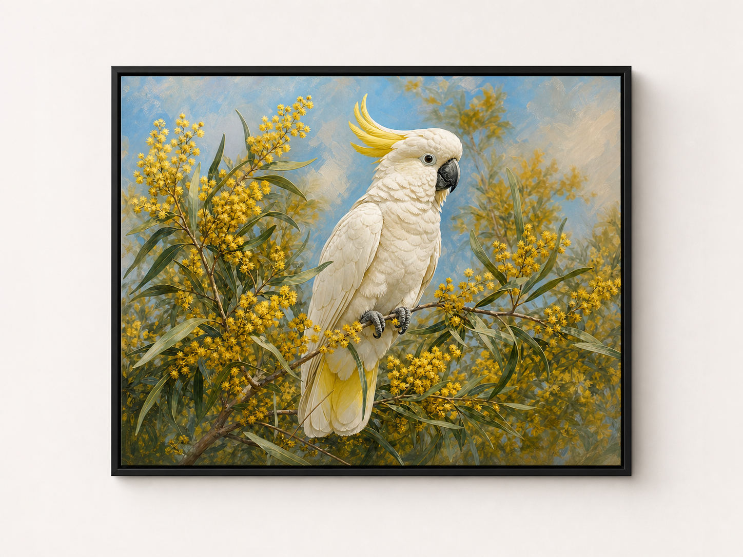 White Cockatoo and Golden Wattle Canvas Wall Art – black floating frame