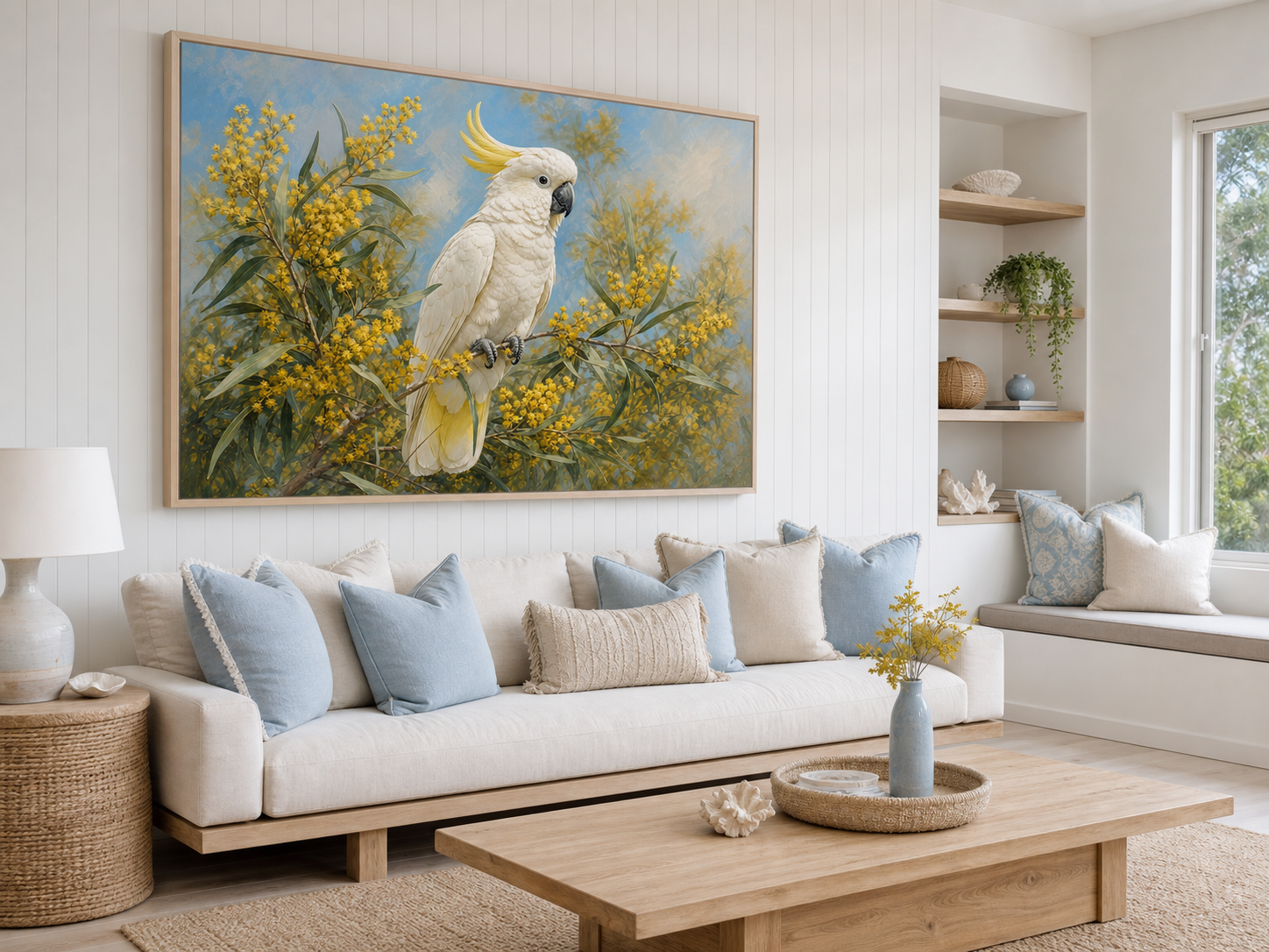 White Cockatoo and Golden Wattle Canvas Wall Art – lifestyle view