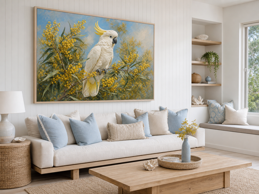 White Cockatoo and Golden Wattle Canvas Wall Art – lifestyle view