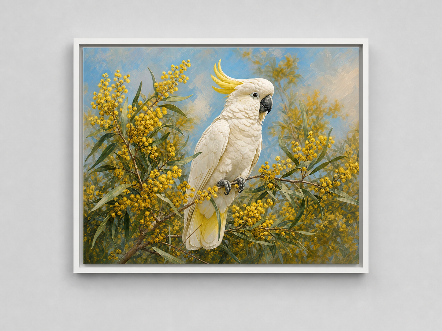 White Cockatoo and Golden Wattle Canvas Wall Art – white floating frame