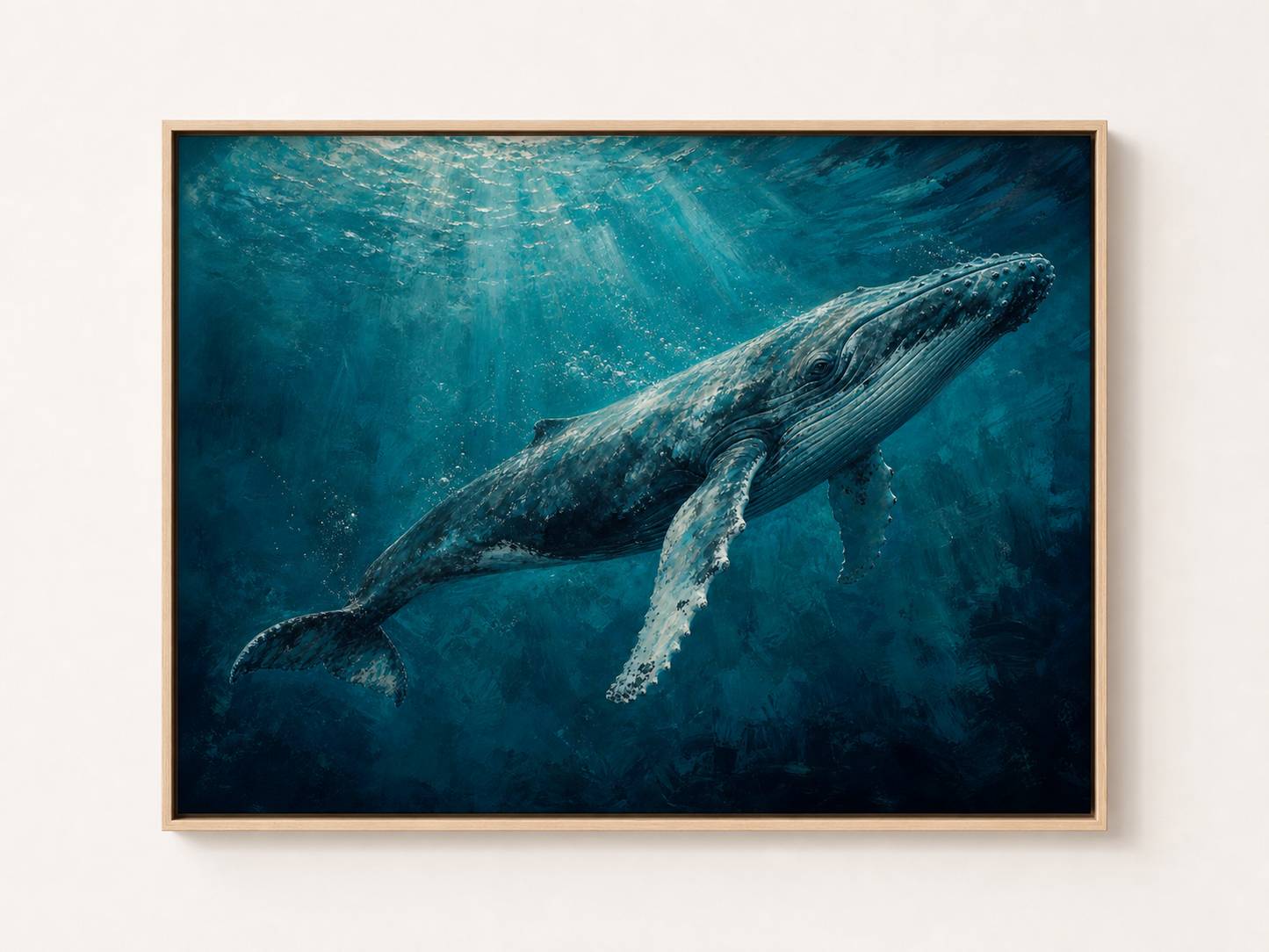 Humpback Whale in Deep Teal Canvas Wall Art – birch floating frame
