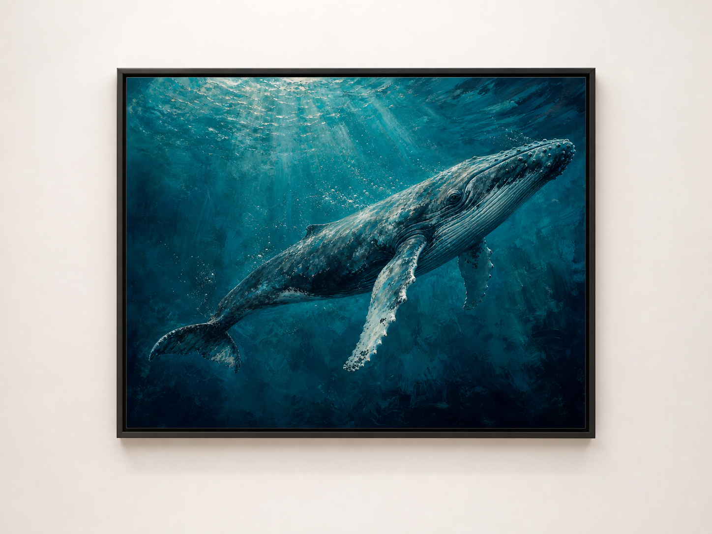 Humpback Whale in Deep Teal Canvas Wall Art – black floating frame