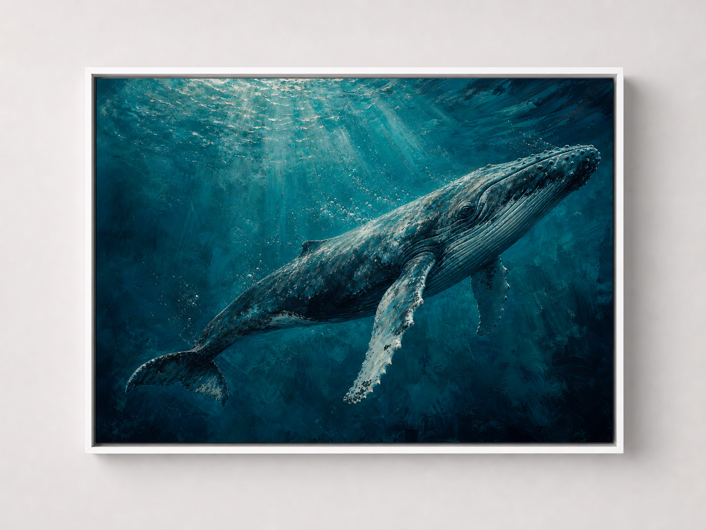 Humpback Whale in Deep Teal Canvas Wall Art – white floating frame